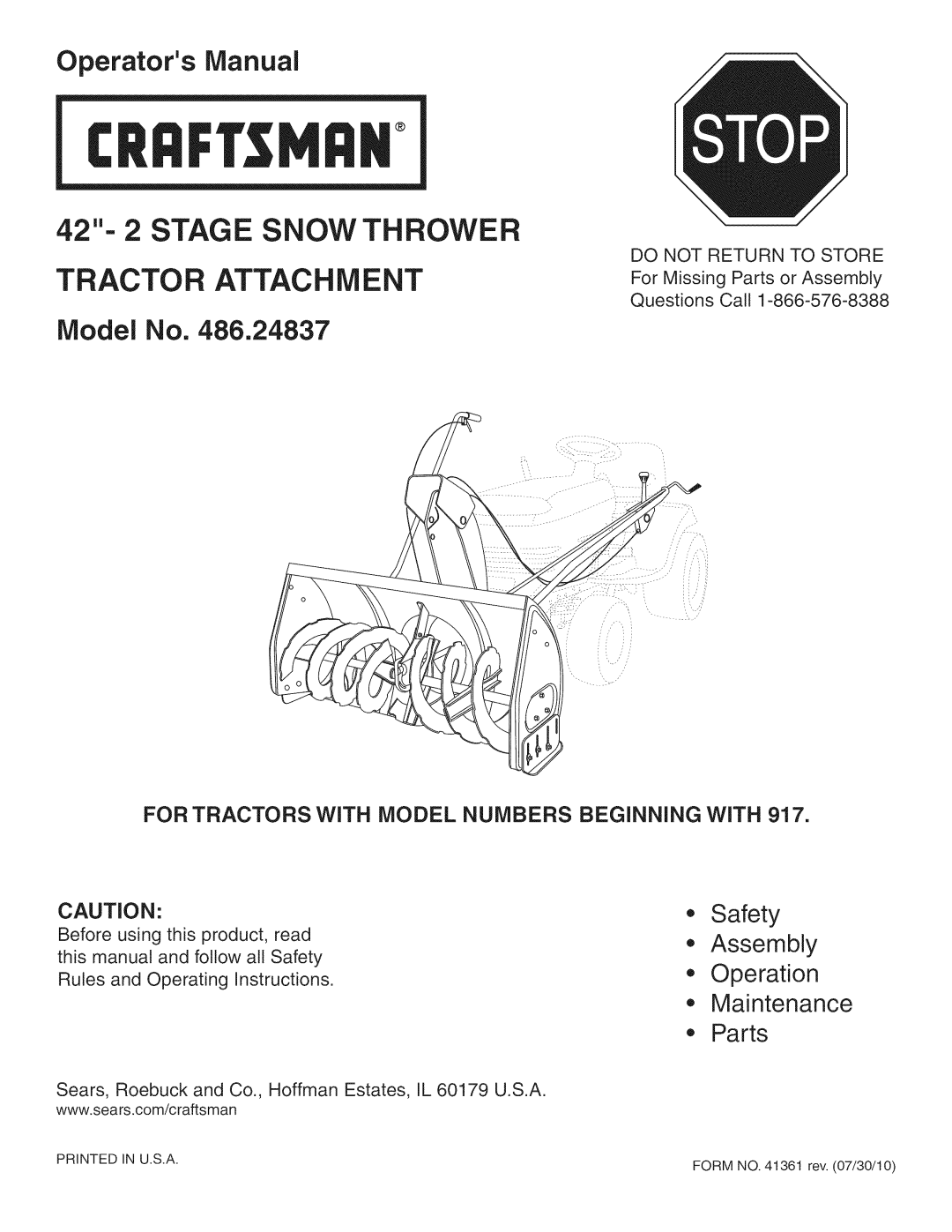 Craftsman 486.24837 manual CRRFr. MgN, Do not Return to Store 