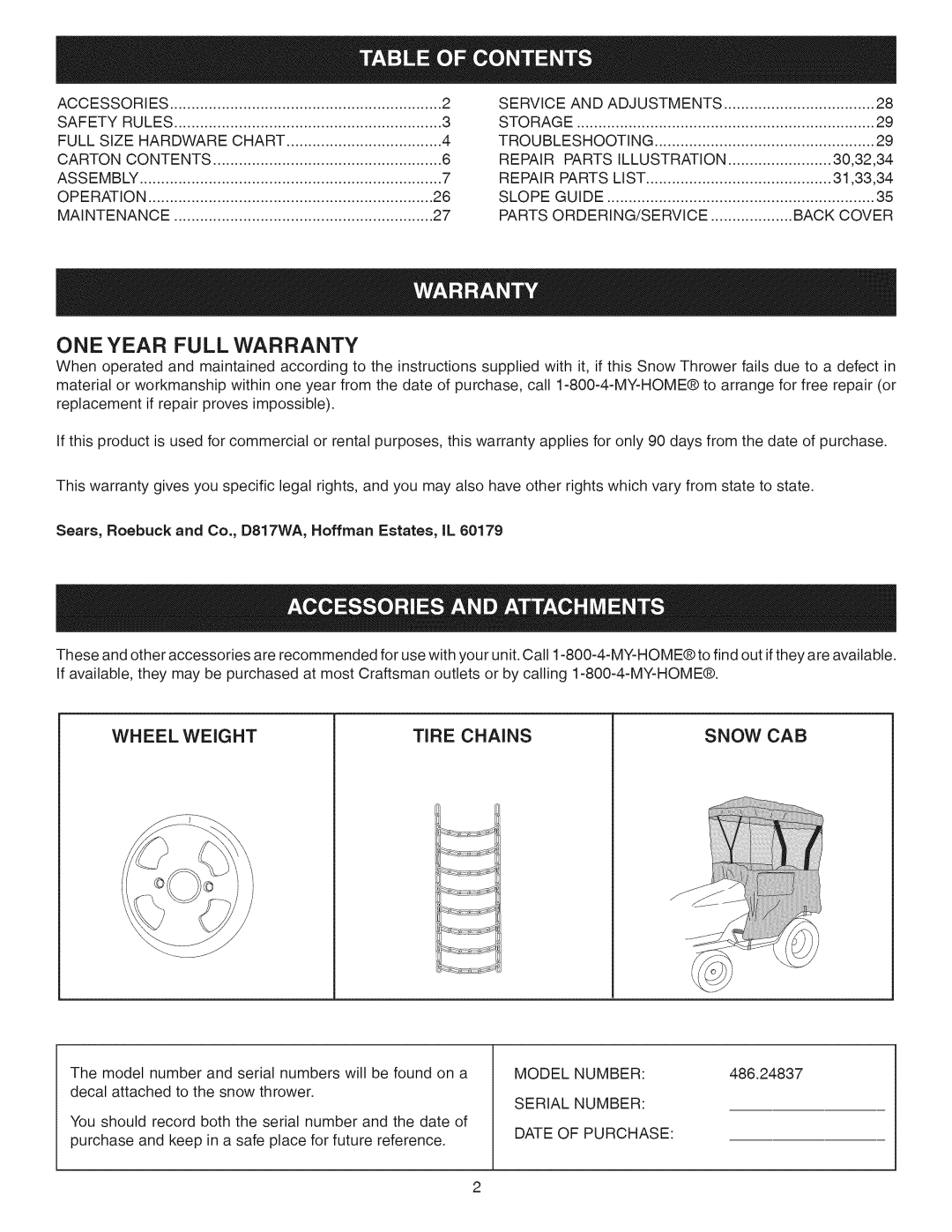 Craftsman 486.24837 manual ONE Year Full Warranty, Wheel Weight, Snow CAB 