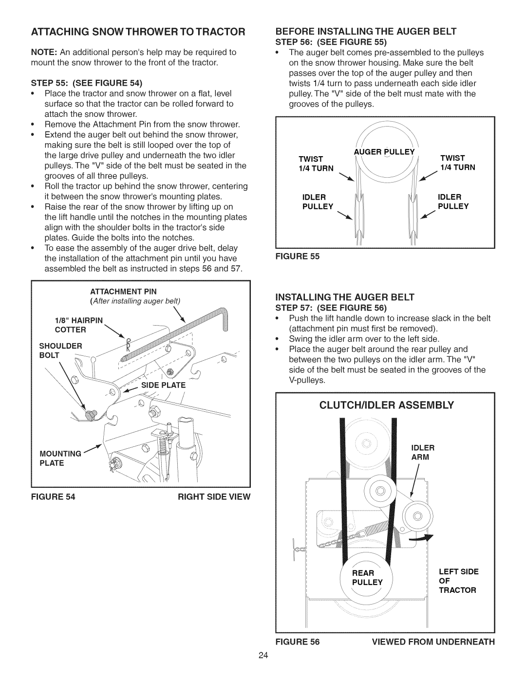 Craftsman 486.24837 manual Attaching Snow Thrower to Tractor, INSTALLiNG the Auger Belt, Rear, Pulley 