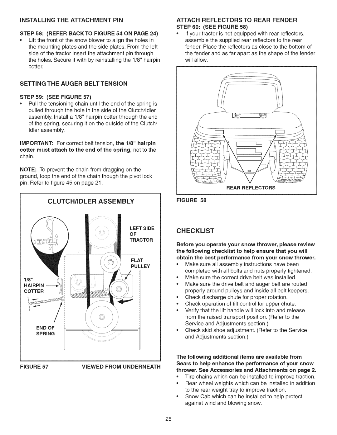 Craftsman 486.24837 manual Checklist, Installing the Attachment PIN Refer Backto on, Setting the Auger Belt Tension 