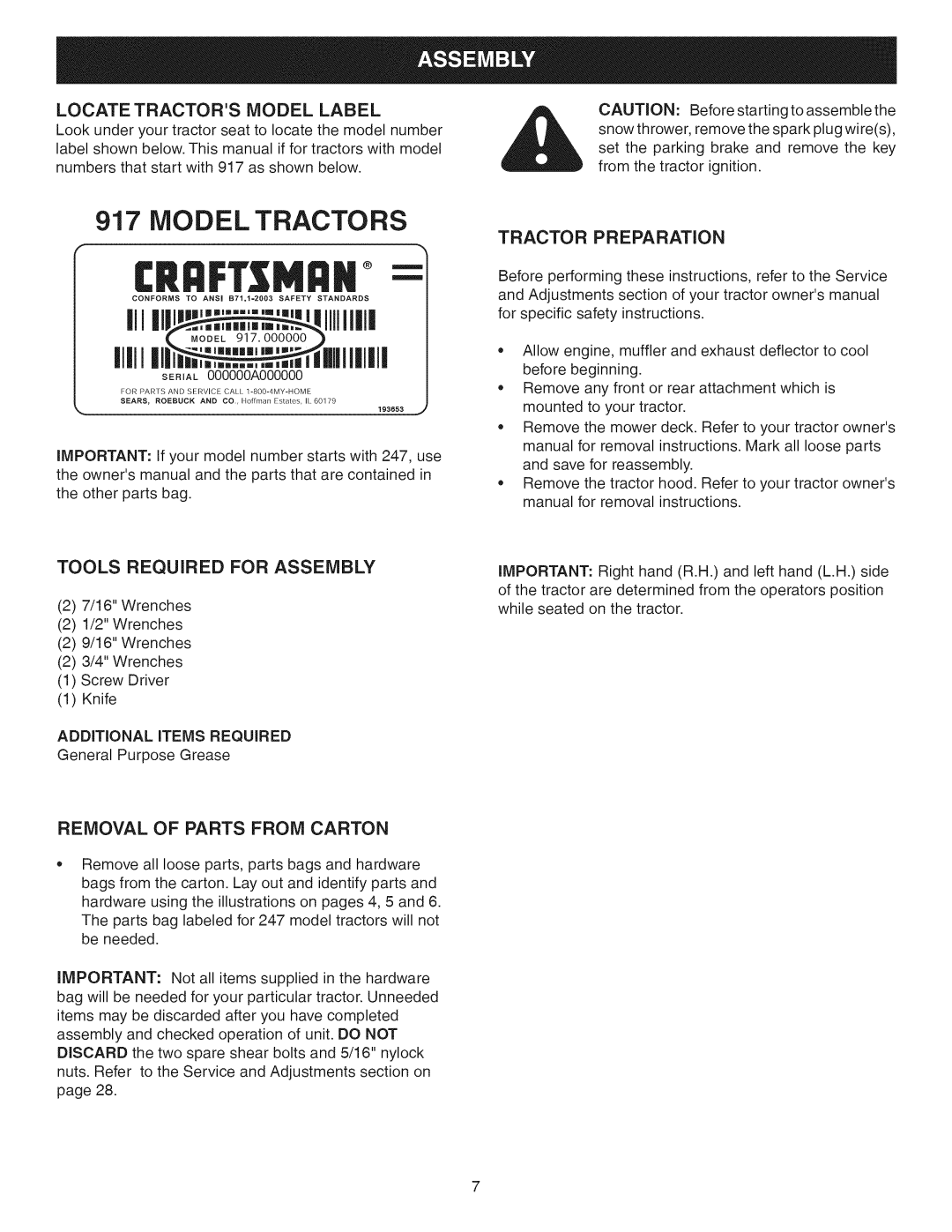 Craftsman 486.24837 manual Locate Tractors Model Label, Tools Required for Assembly, Removal of Parts from Carton 