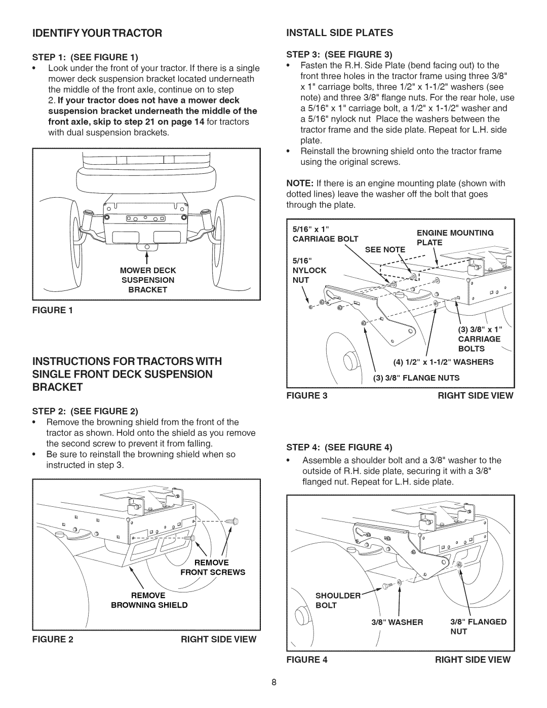 Craftsman 486.24837 manual Bracket, Identifyyour Tractor See Figure, Remove Front Screws Browning Shield, Right Side View 