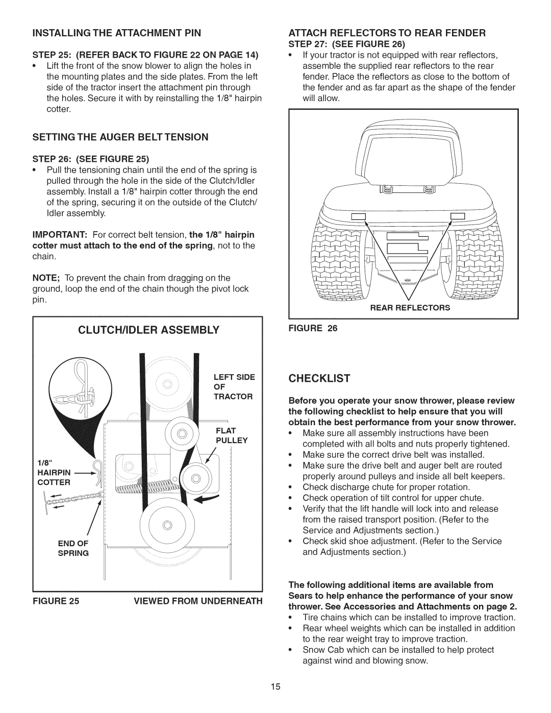 Craftsman 486.248371 manual CLUTCH/IDLER Assembly, Checklist, Installing the Attachment PIN Refer Backto on, Tractor 