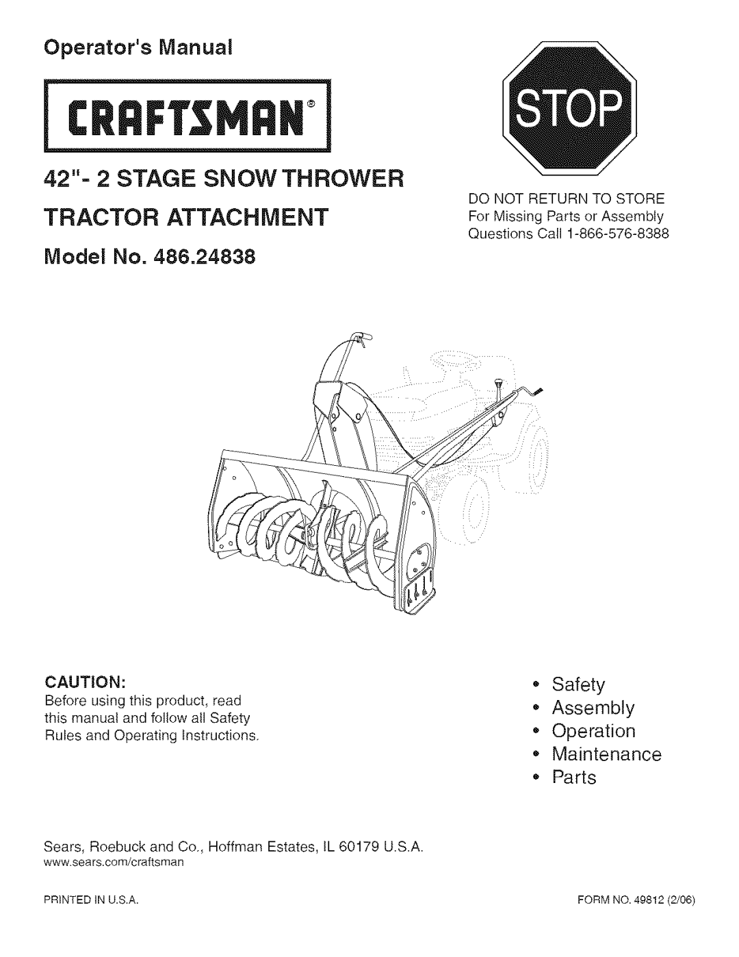 Craftsman 486.24838 manual Model No, Safety Assembly Operation Maintenance Parts, Crqftsnqn, Operators Manual 