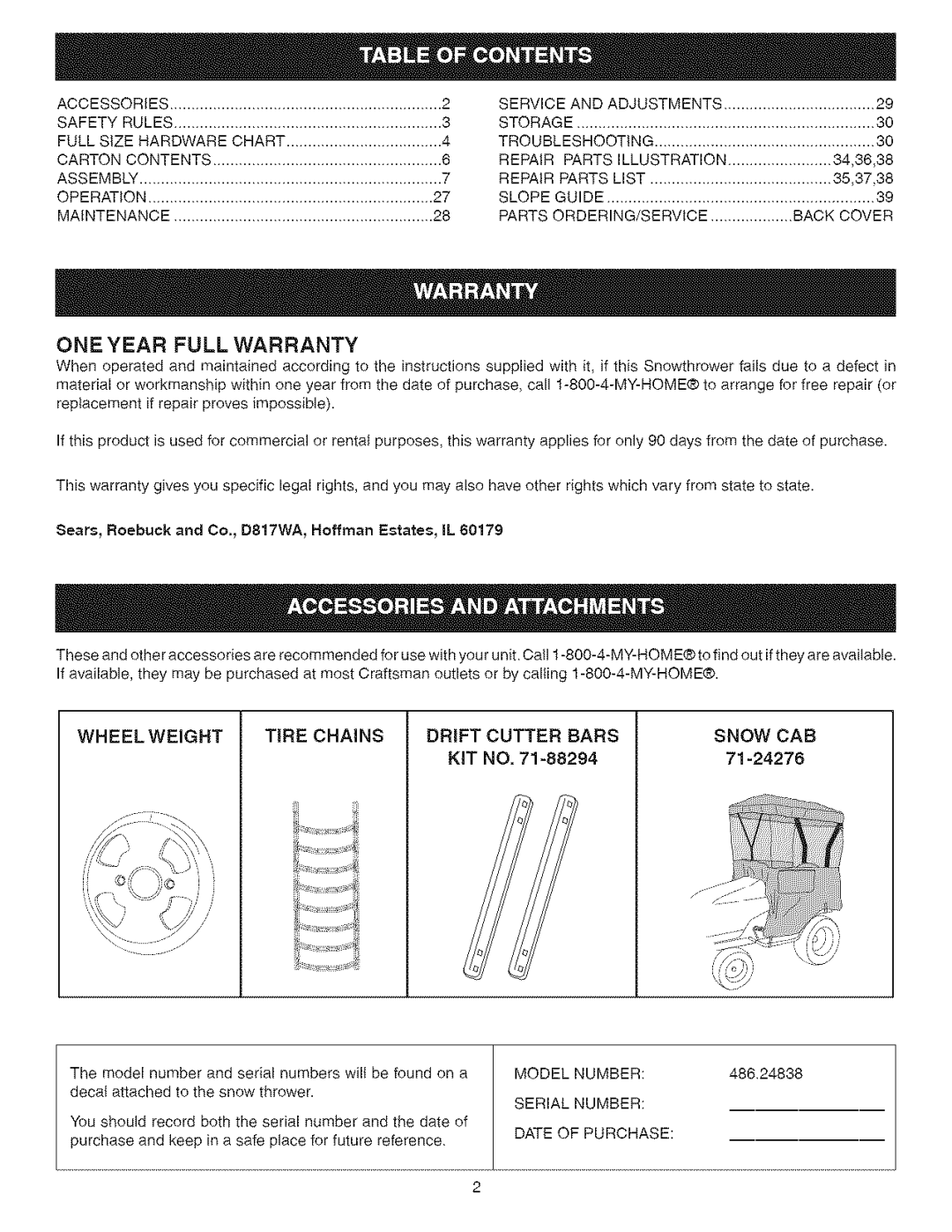 Craftsman 486.24838 manual One Year Full Warranty, Drift, Cutter Bars, Snow Cab, 71-24276 