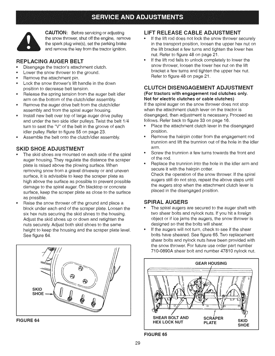 Craftsman 486.24838 Skid Shoe Adjustment, Lift Release Cable Adjustment, Clutch Disengagement Adjustment, Spiral Augers 