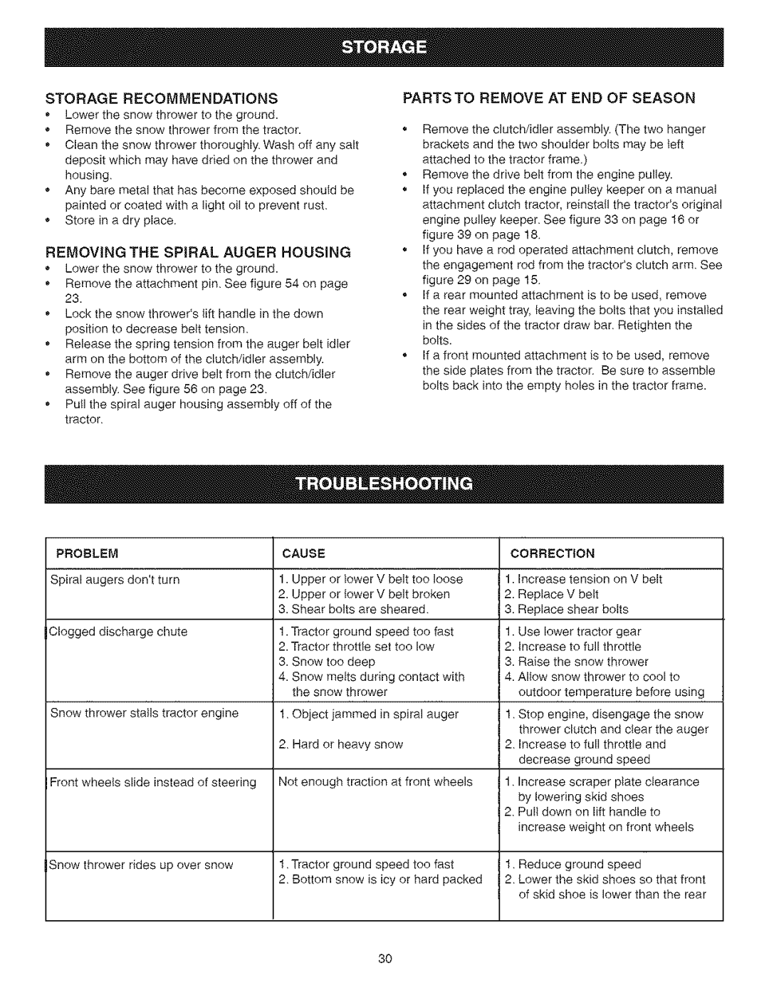 Craftsman 486.24838 manual Storage Recommendations, Removing the Spiral Auger Housing, Parts to Remove AT END of Season 