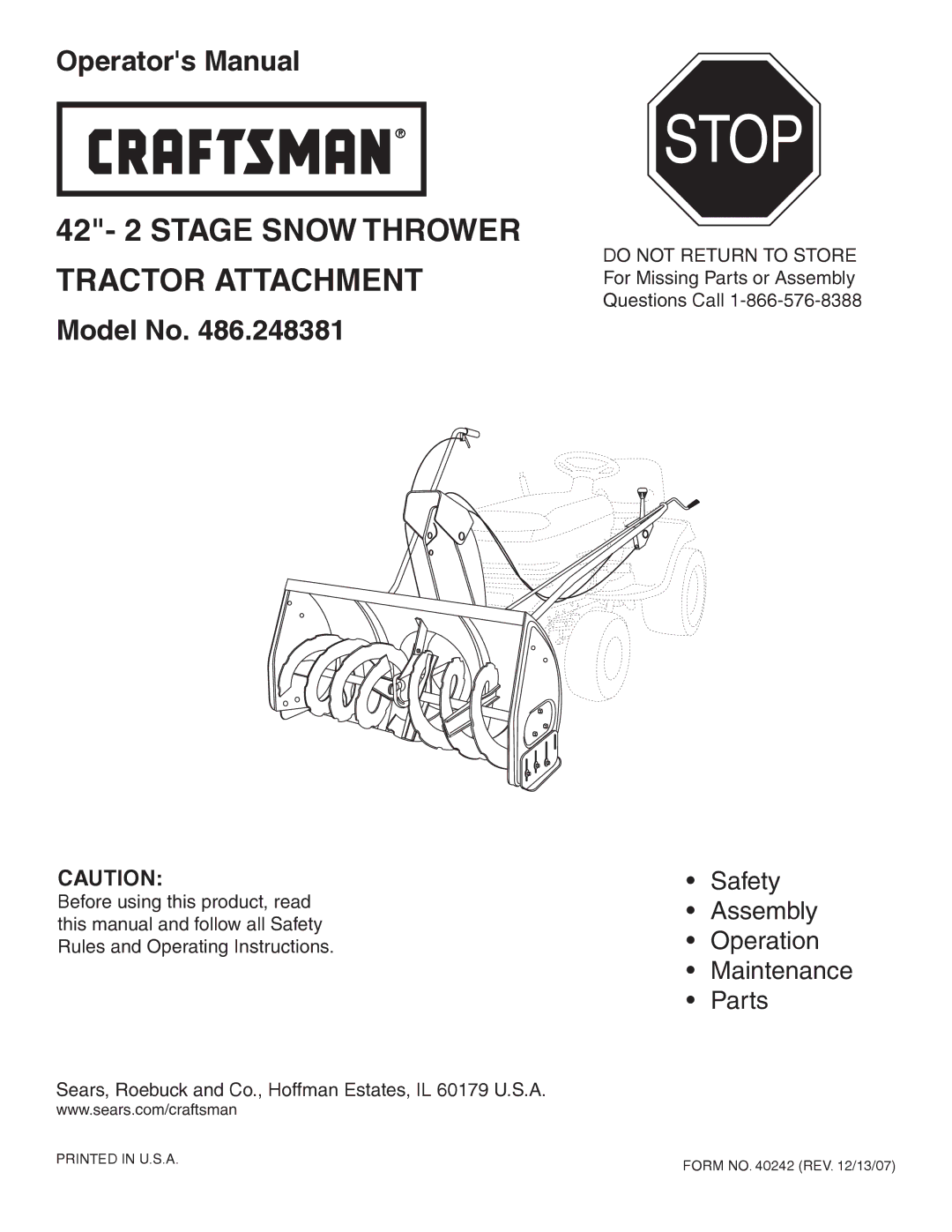 Craftsman 486.248381 operating instructions Stop 