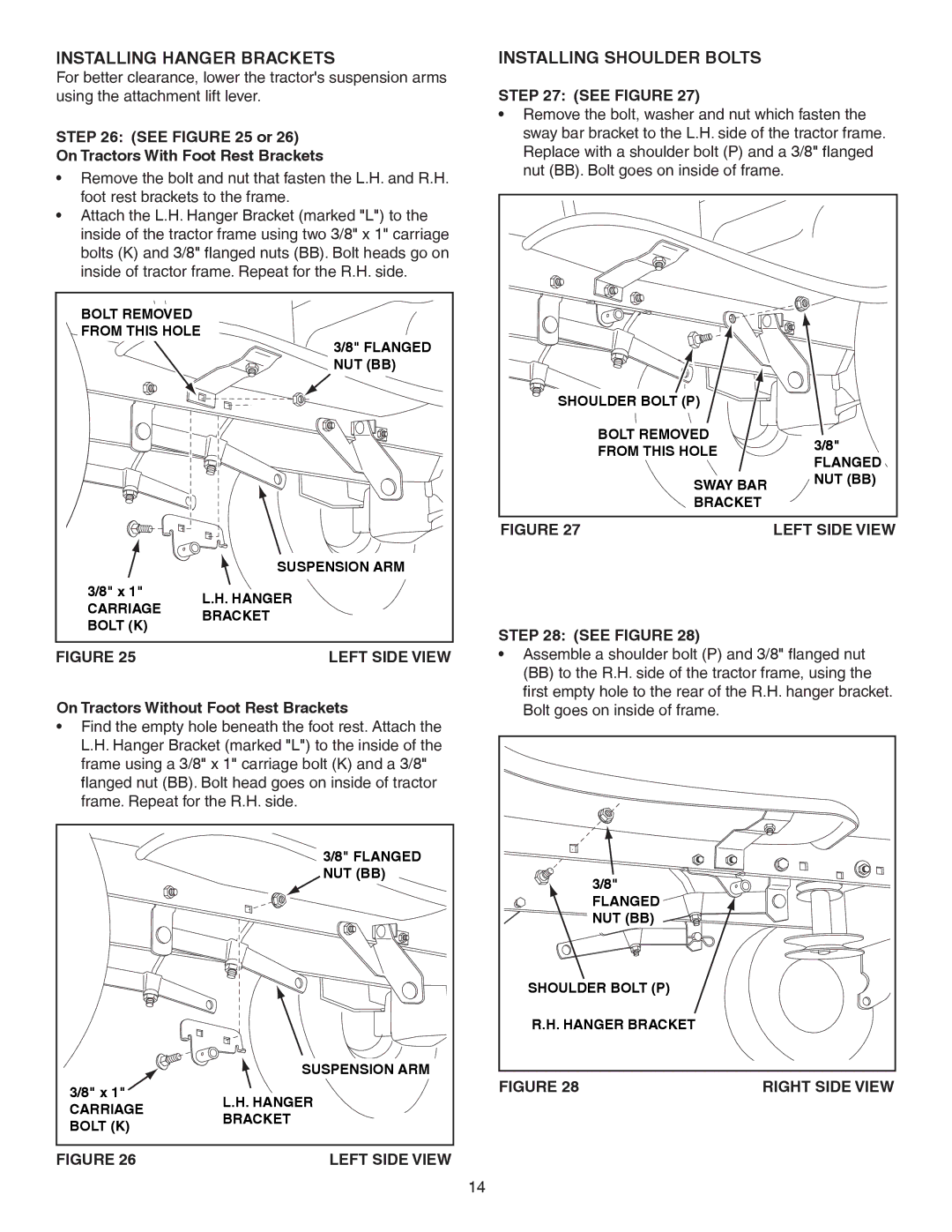 Craftsman 486.248381 operating instructions Installing Hanger Brackets, Installing Shoulder Bolts 