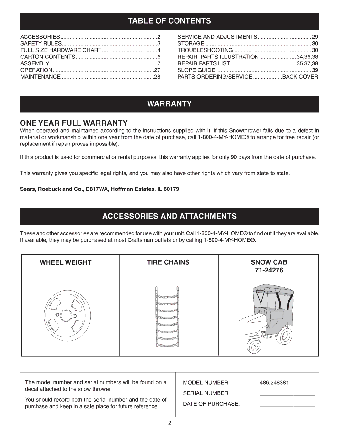 Craftsman 486.248381 operating instructions Table of Contents, Warranty, Accessories and Attachments 