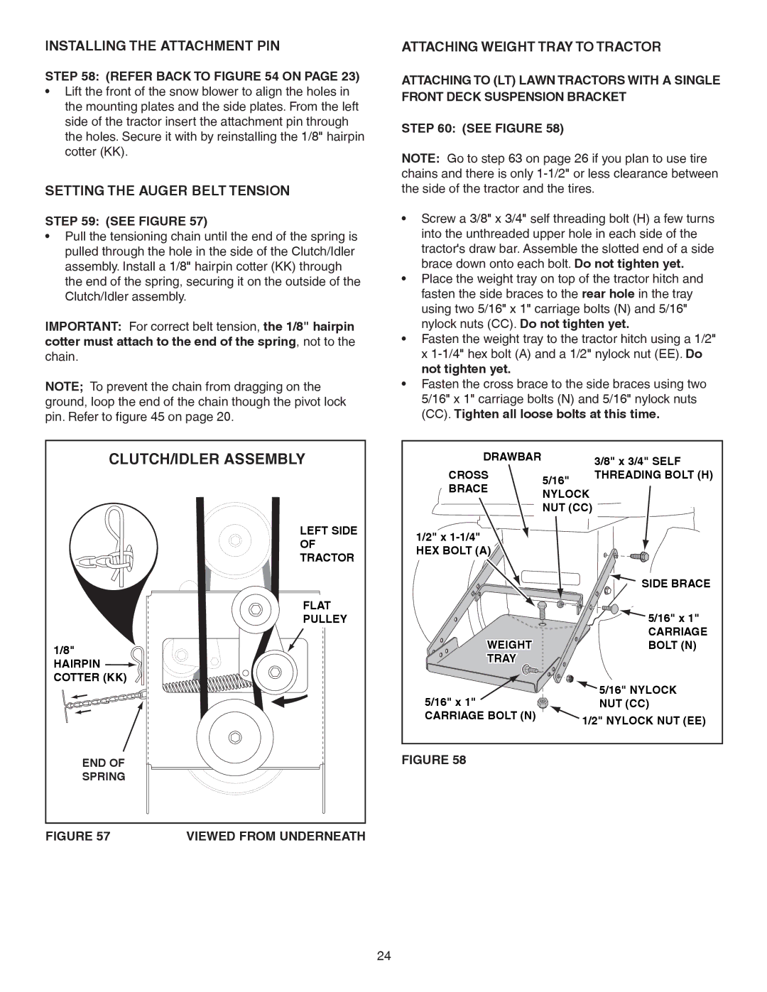 Craftsman 486.248381 Installing the Attachment PIN, Setting the Auger Belt Tension, Attaching Weight Tray to Tractor 