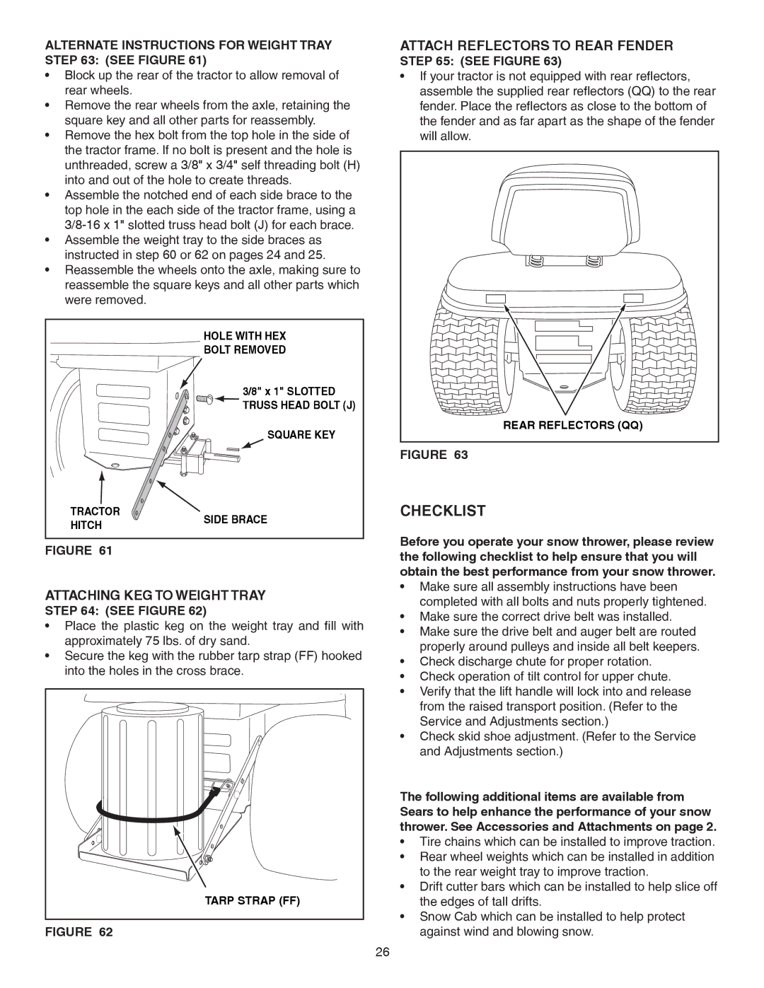 Craftsman 486.248381 operating instructions Checklist, Attaching KEG to Weight Tray, Attach Reflectors to Rear Fender 