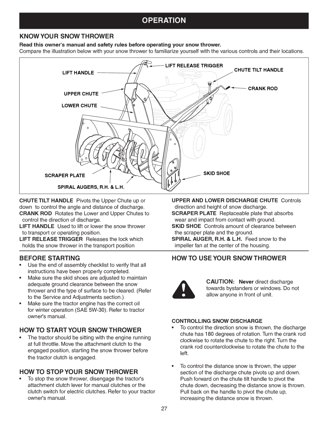 Craftsman 486.248381 Operation, Know Your Snow Thrower, Before Starting, HOW to Start Your Snow Thrower 