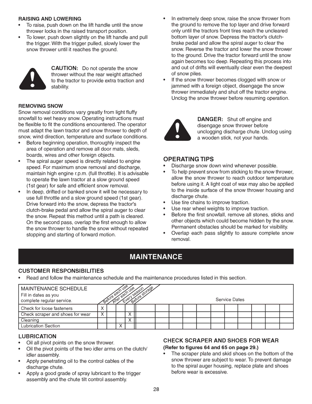 Craftsman 486.248381 Maintenance, Operating Tips, Customer Responsibilities, Lubrication, Check Scraper and Shoes for Wear 