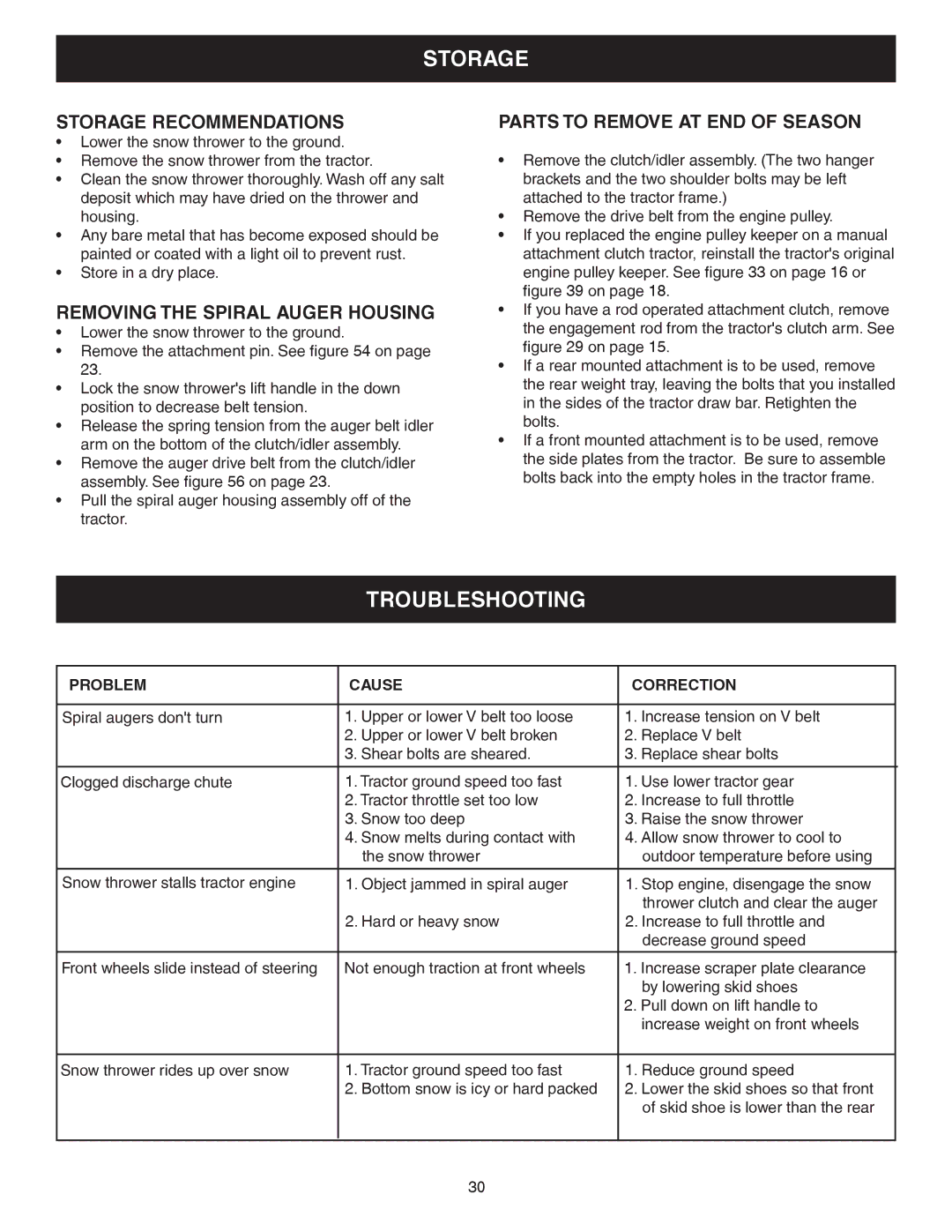 Craftsman 486.248381 operating instructions Troubleshooting, Storage Recommendations, Removing the Spiral Auger Housing 