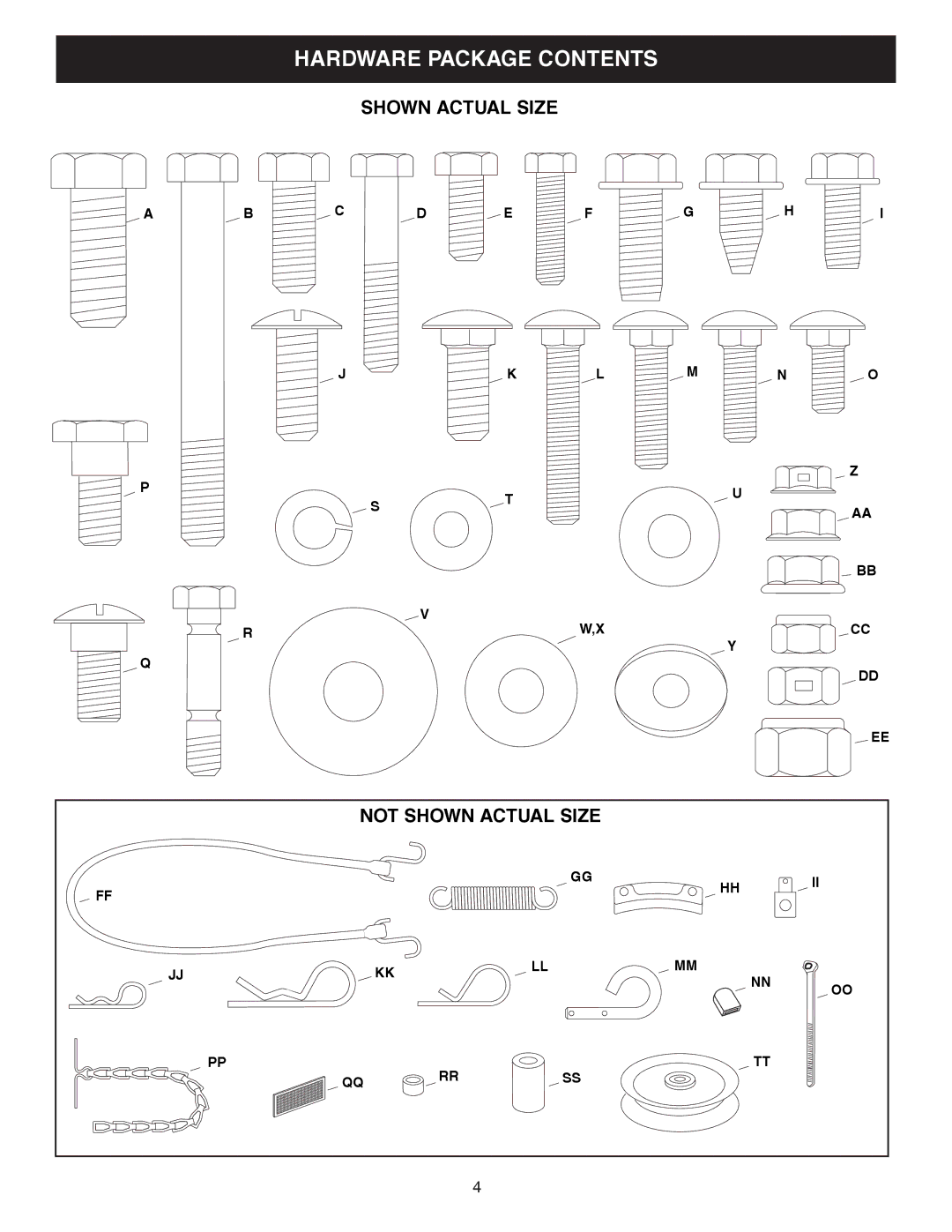 Craftsman 486.248381 operating instructions Hardware Package Contents 