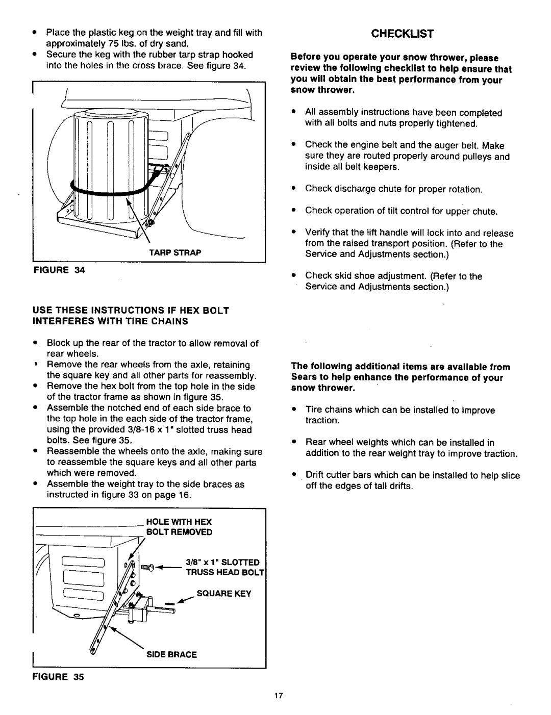 Craftsman 486.24839 owner manual Checklist, Hole with HEX Bolt Removed Truss Head Bolt, X 1 Slotted, Side Brace 