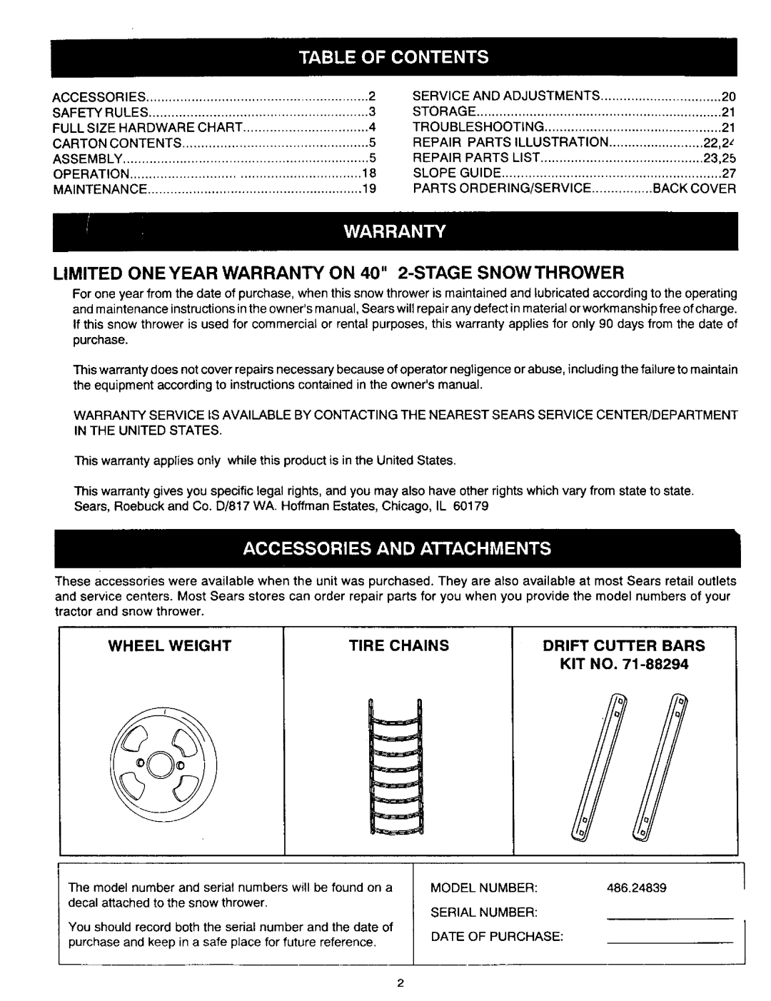 Craftsman 486.24839 owner manual Tire Chains, Wheel Weight, Drift Cutter Bars 