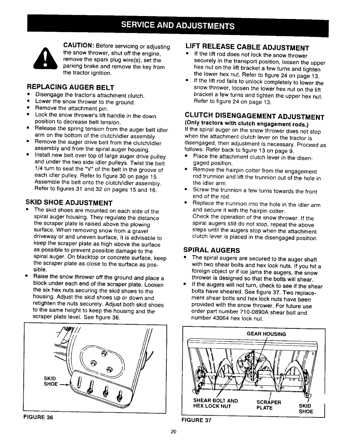 Craftsman 486.24839 owner manual Replacing Auger Belt, Lift Release Cable Adjustment, Skid Shoe Adjustment 