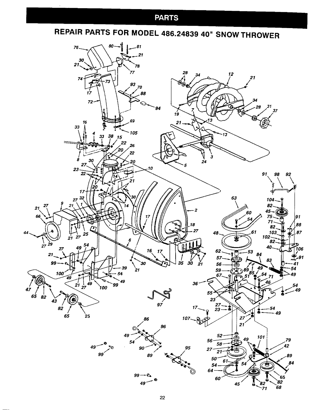 Craftsman owner manual Repair Parts for Model 486.24839 40 Snow Thrower 