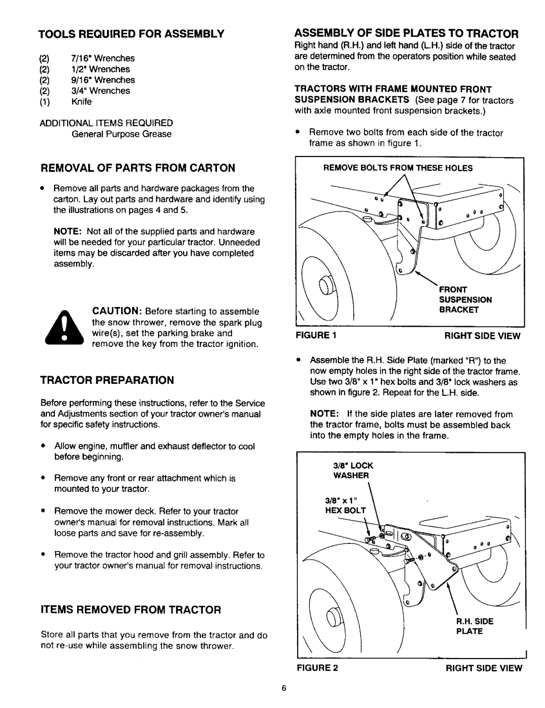 Craftsman 486.24839 Assembly of Side Plates to Tractor, Tools Required for Assembly, Removal of Parts from Carton 