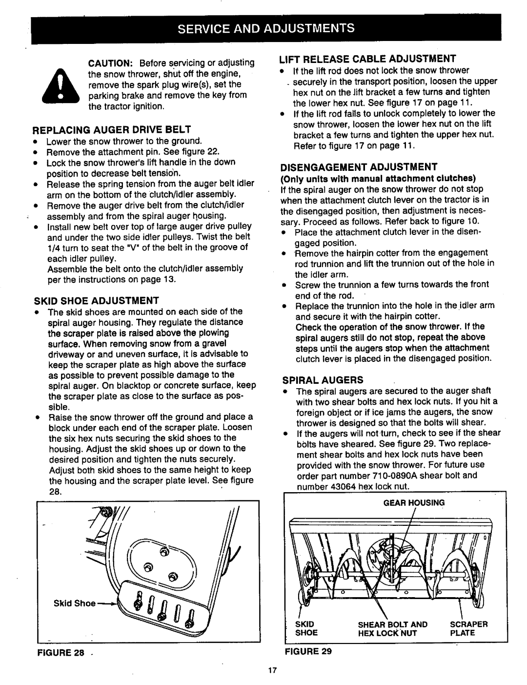 Craftsman 486.2484 Replacing Auger Drive Belt, Skid Shoe Adjustment, Lift Release Cable Adjustment, Spiral Augers 