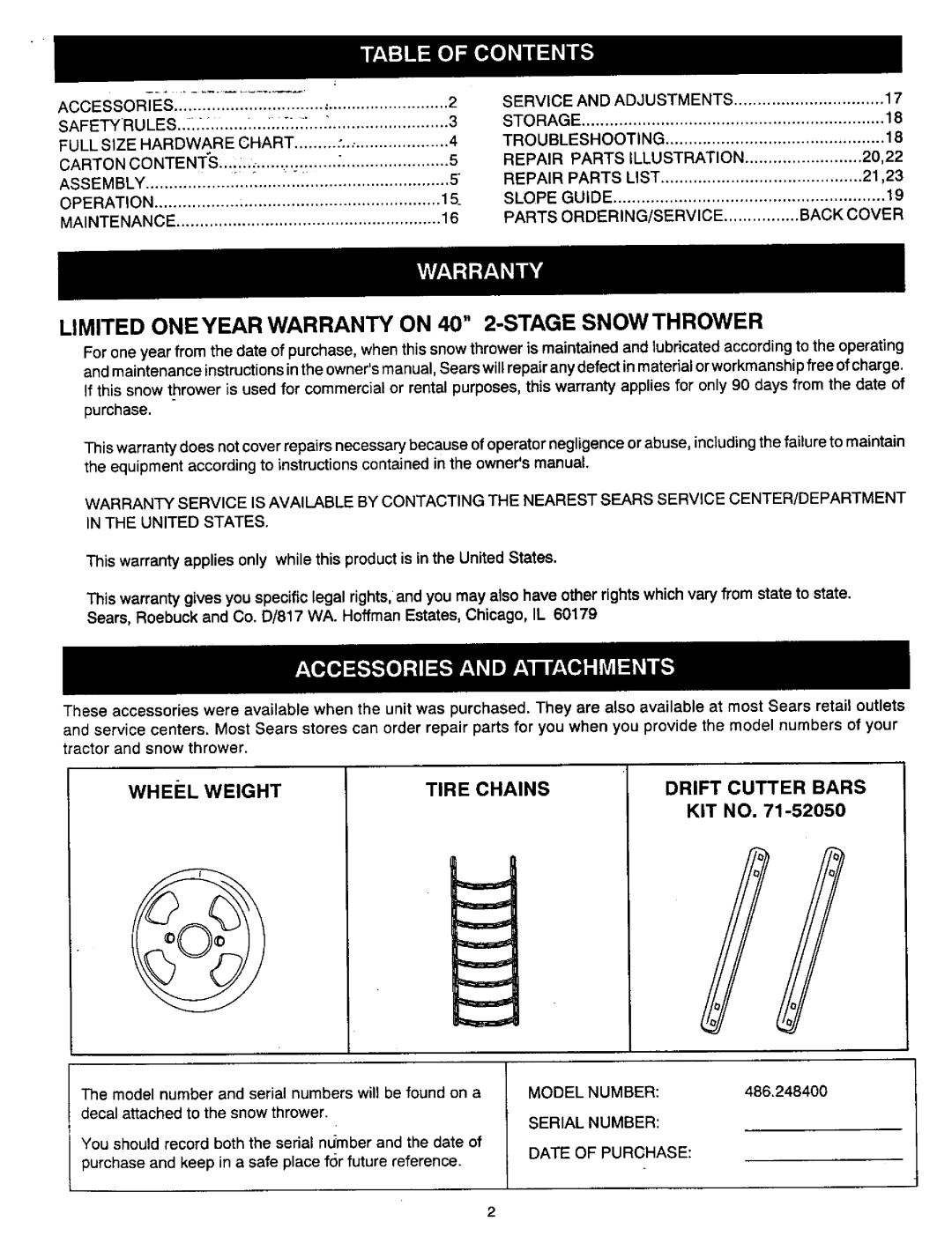 Craftsman 486.2484 owner manual Limited Oneyear Warranty on 40 2-STAGE Snowthrower, Tire Chains Drift Cutter Bars 