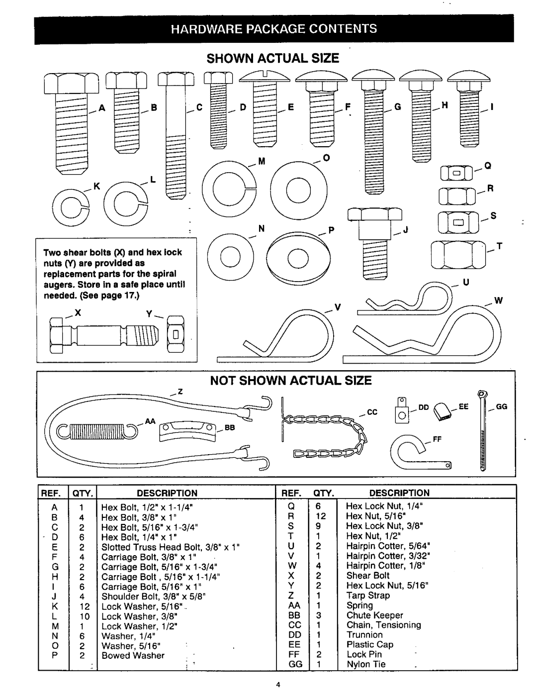 Craftsman 486.2484 owner manual QTY Description, Bolt, 1/2 x 1-1/4 Hex Lock Nut, Hairpin Cotter 