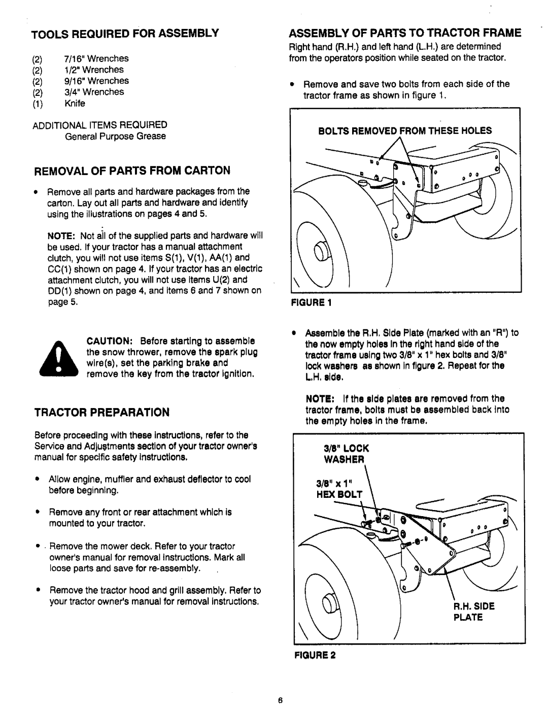 Craftsman 486.2484 owner manual Removal of Parts from Carton, Tools Required for Assembly, Tractor Preparation 