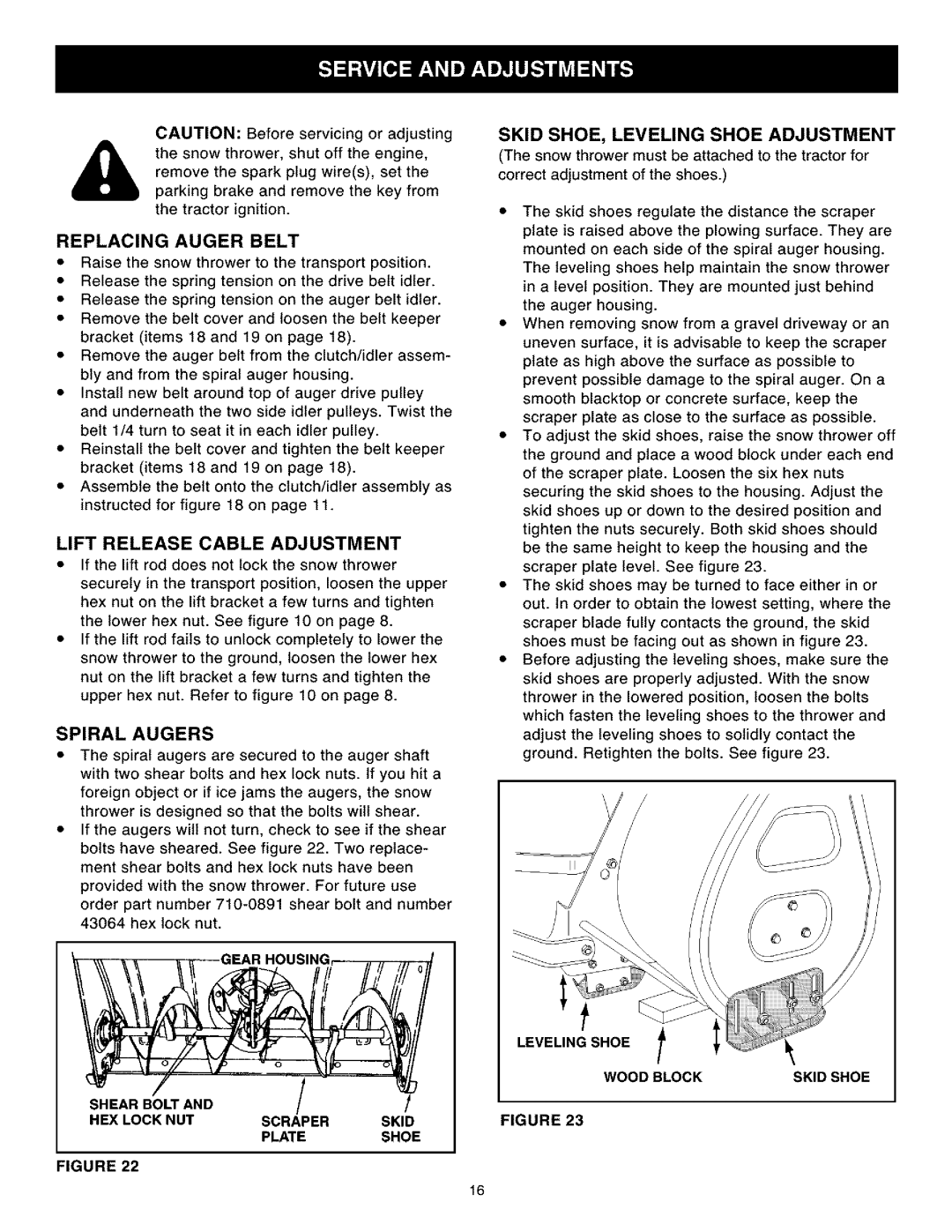 Craftsman 486.248462 Replacing Auger Belt, Lift Release Cable Adjustment, Spiral Augers, Leveling Shoe l, Wood Block 