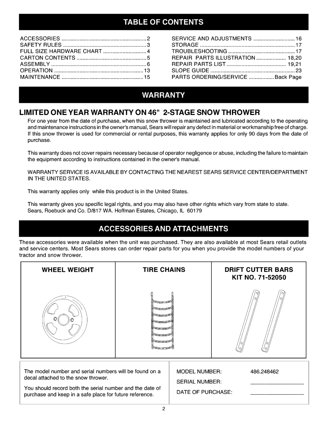 Craftsman 486.248462 Limited ONE Year Warranty on 46 2-STAGE Snow Thrower, Wheel Weight Tire Chains Drift Cutter Bars KIT 