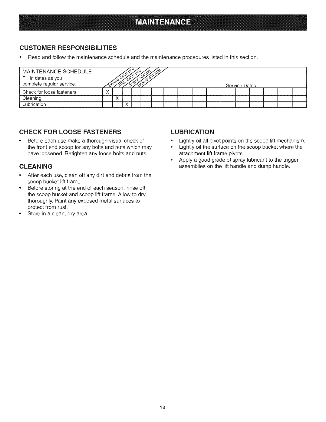 Craftsman 486.248473 manual Check for Loose Fasteners, Cleaning, Customer RESPONSiBiLiTiES 