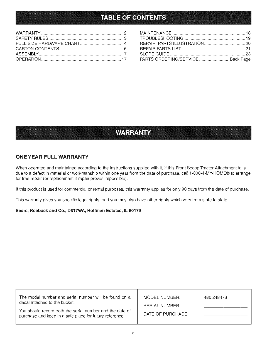 Craftsman 486.248473 manual ONE Year Full Warranty 