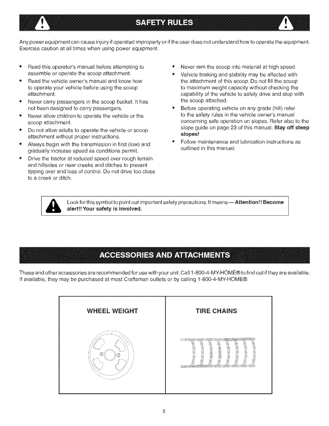 Craftsman 486.248473 manual Scoopattachment, Wheel Weight Tire Chains 