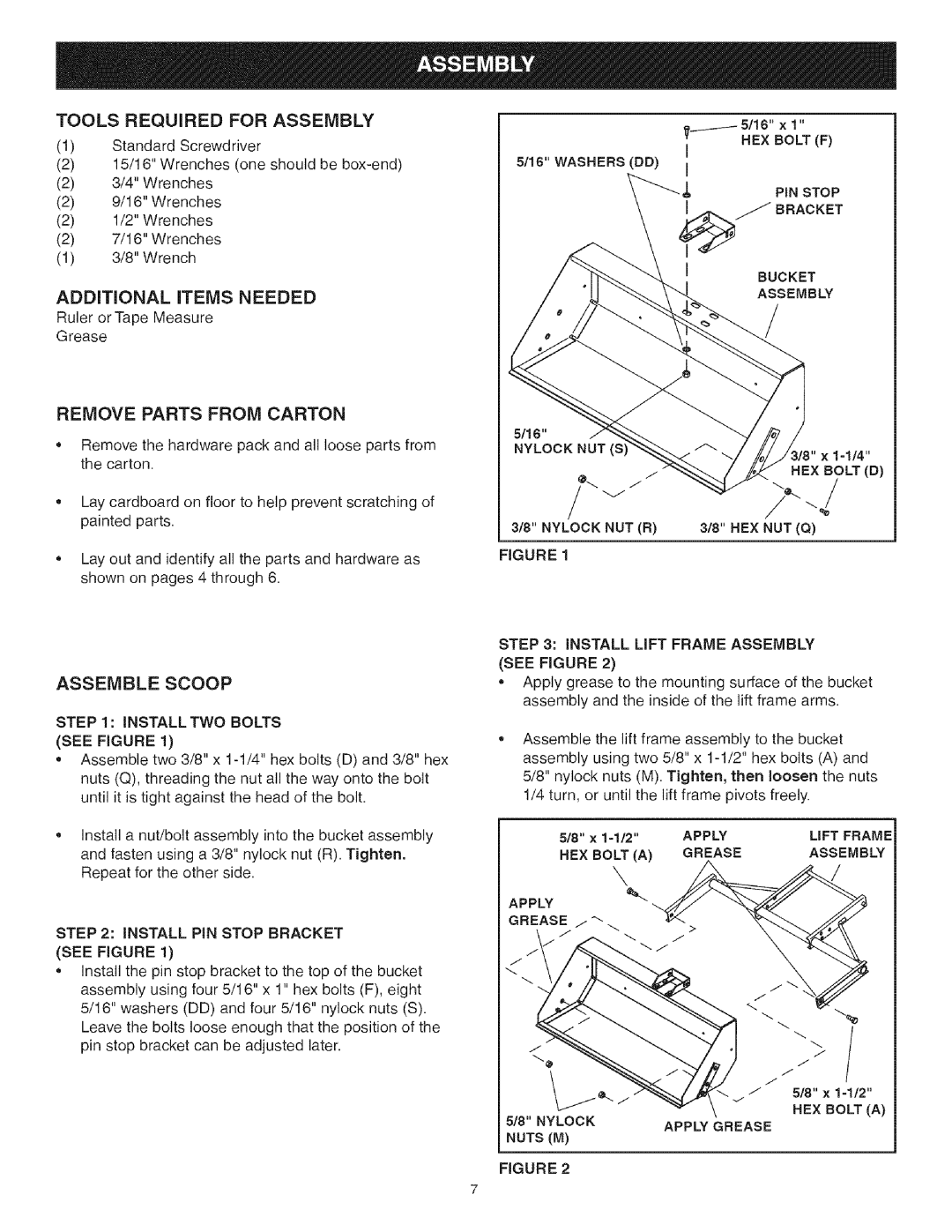 Craftsman 486.248473 manual Tools Required for Assembly, Remove Parts from Carton, Assemble Scoop, See Figure, Grease 