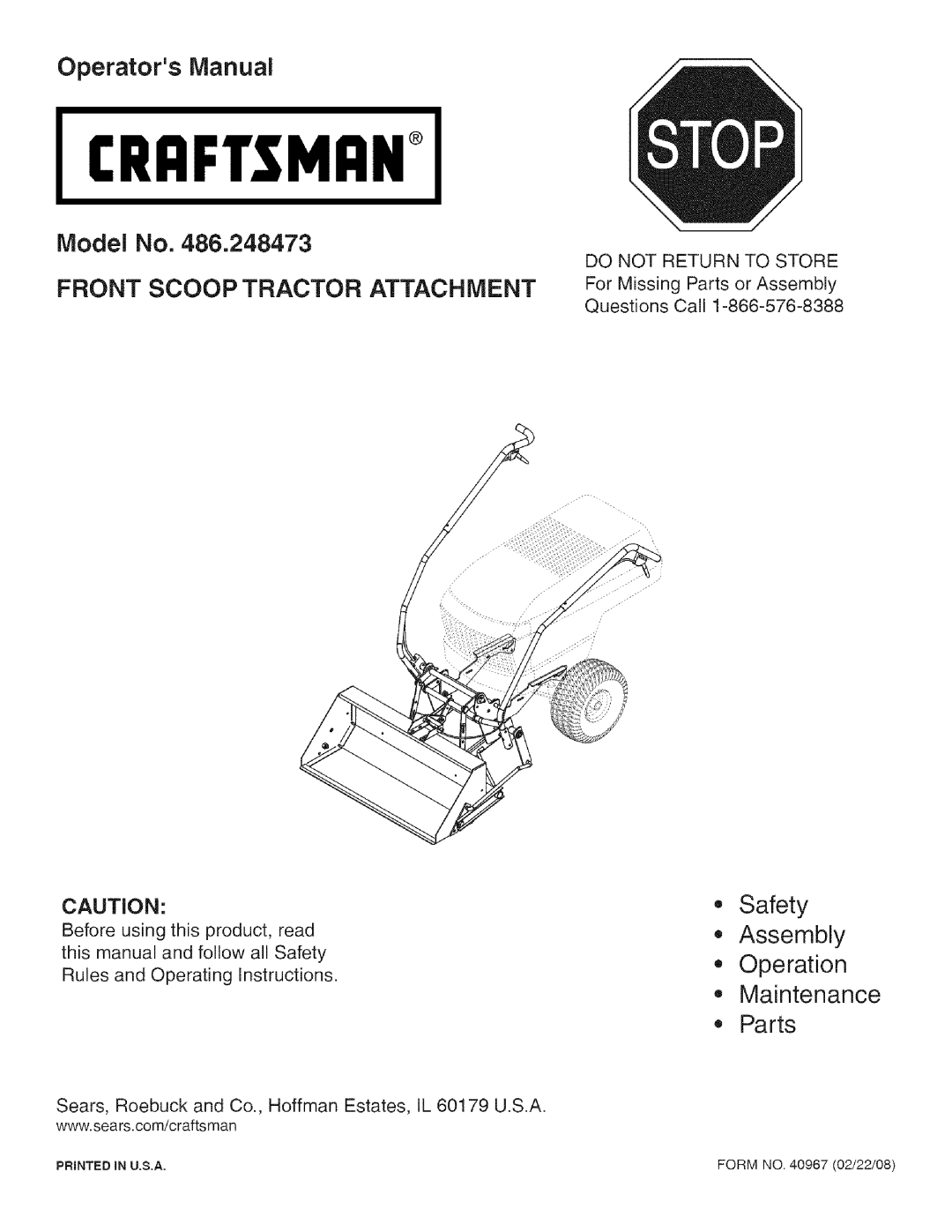 Craftsman 486.248473 manual Model No, Front Scoop Tractor Attachment, Safety Assembly Operation Maintenance Parts 