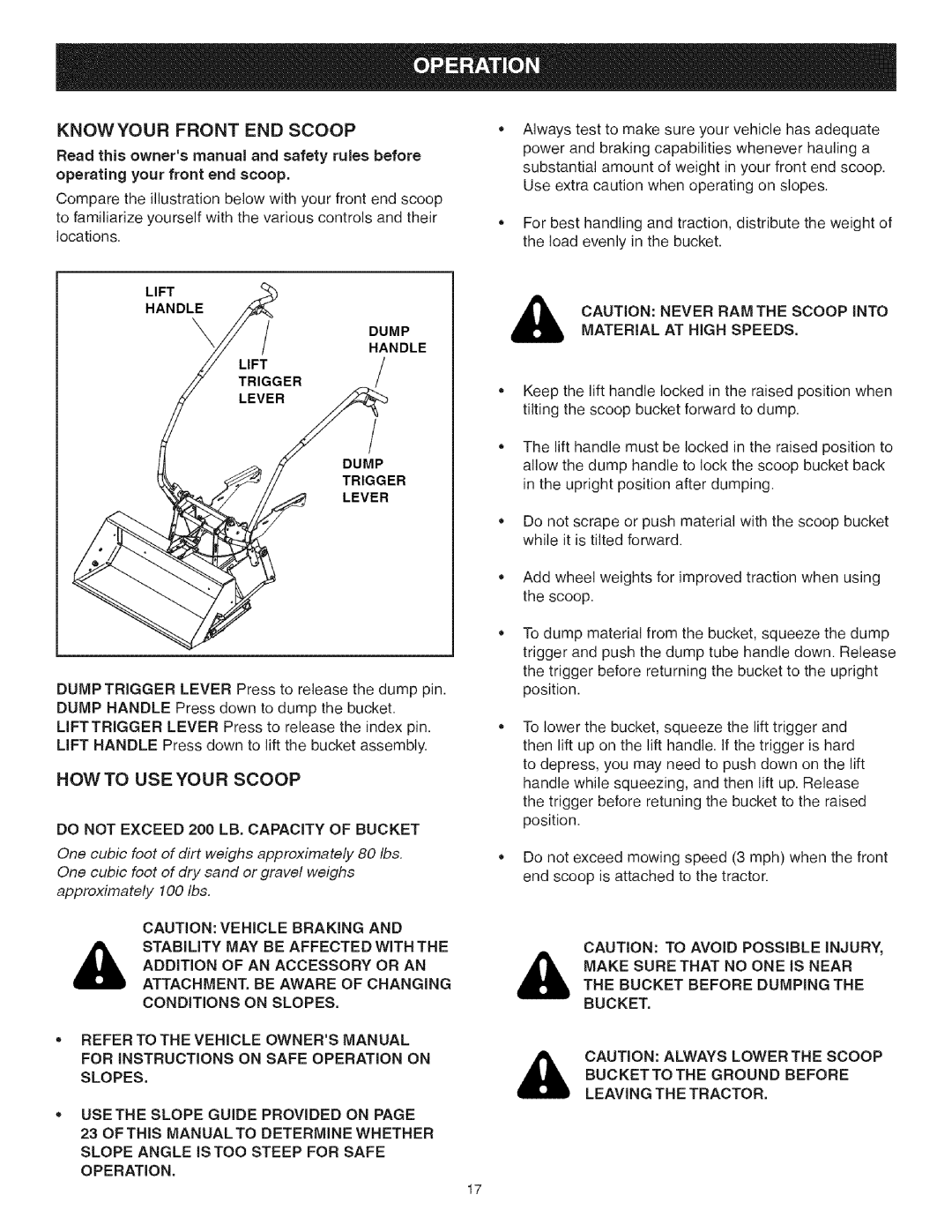 Craftsman 486.248473 manual How To Use Your Scoop, Lift Handle, Dump Trigger Lever, Slopes, Operation, Leaving The Tractor 