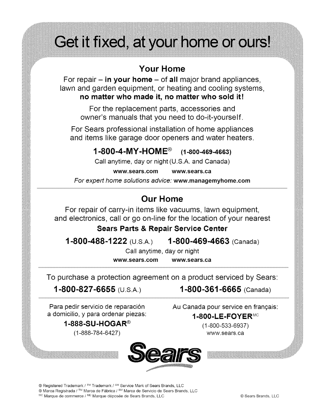 Craftsman 486.248473 manual Your Home, Our Home, U.S.A, Canada, Sears Parts & Repair Service Center, Su-Hogar 
