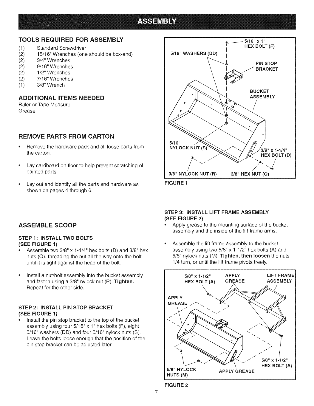 Craftsman 486.248473 manual Tools Required For Assembly, Remove Parts From Carton, Assemble Scoop, ADDITIONAL iTEMS NEEDED 