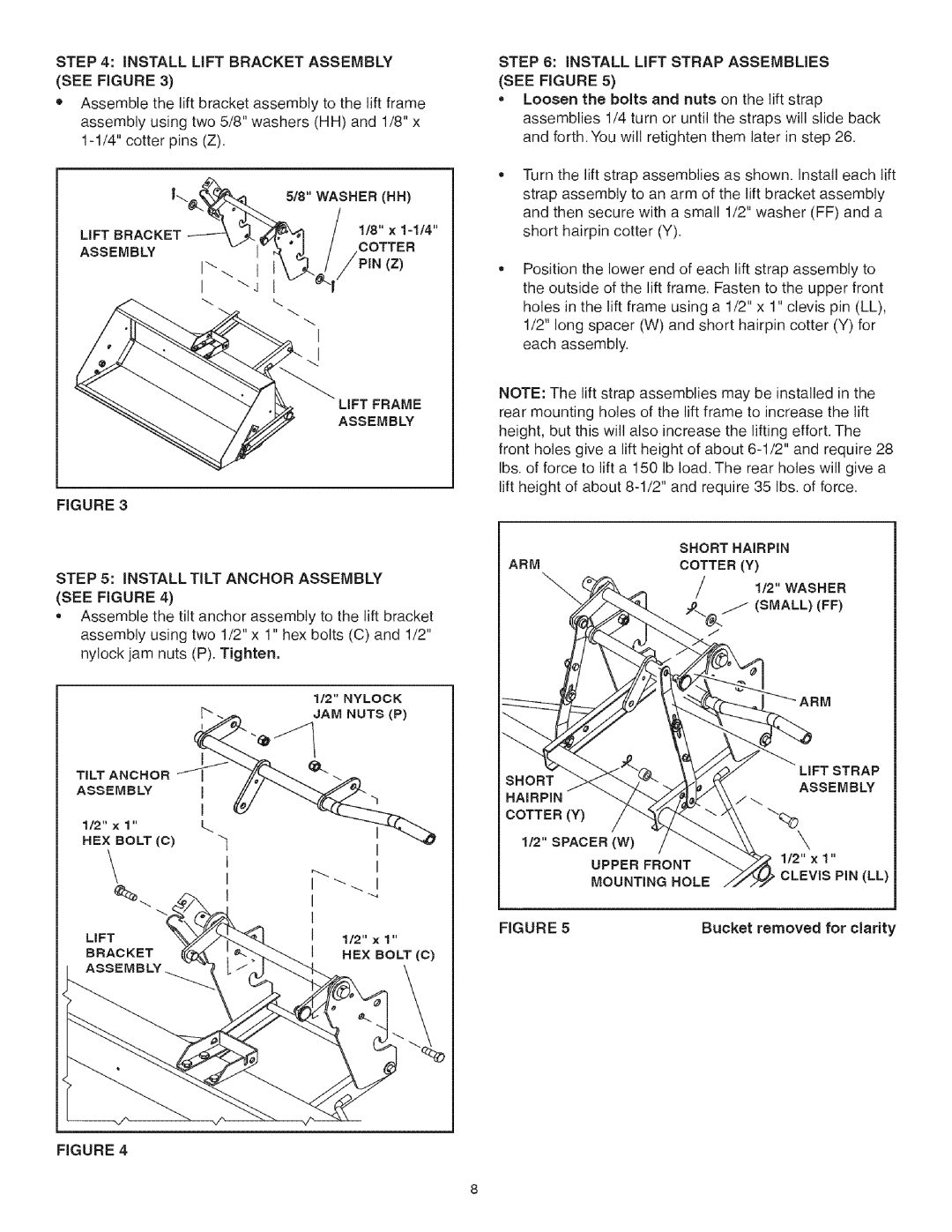 Craftsman 486.248473 manual See Figure, Cotter Y, Lift Strap, Assembly, 1/2, Clevis Pin Ll, Bucket removed for clarity 