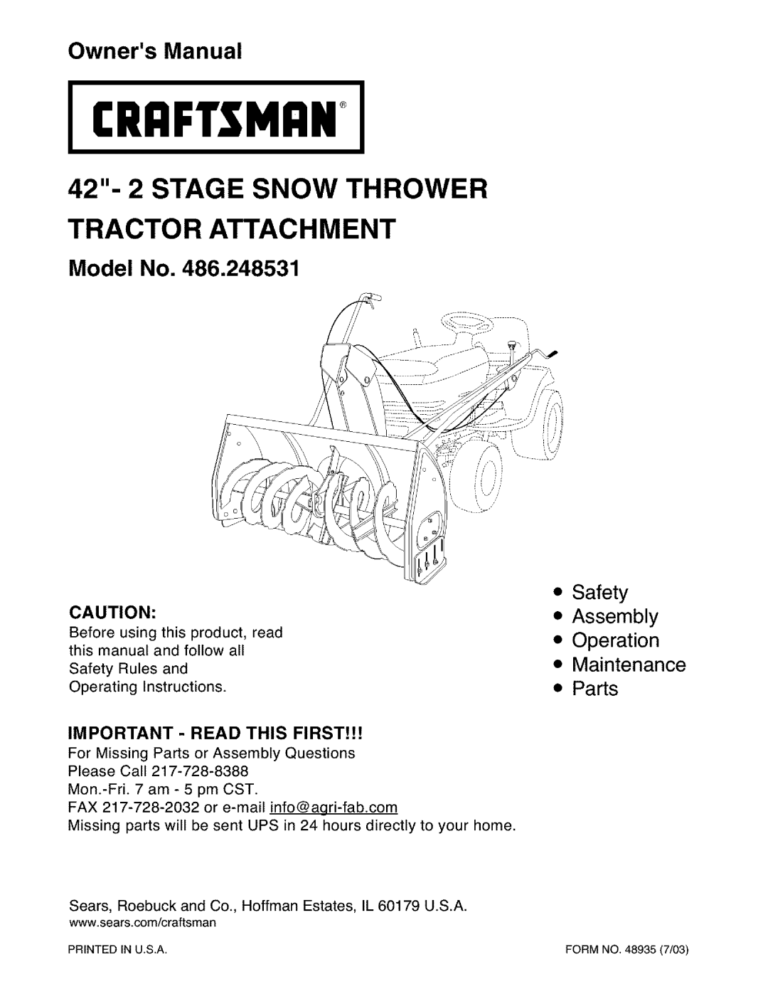 Craftsman 486.248531 owner manual Icrafi,Sman+, 42- 2 STAGE SNOW THROWER TRACTO R ATTAC H M E NT, Model No 
