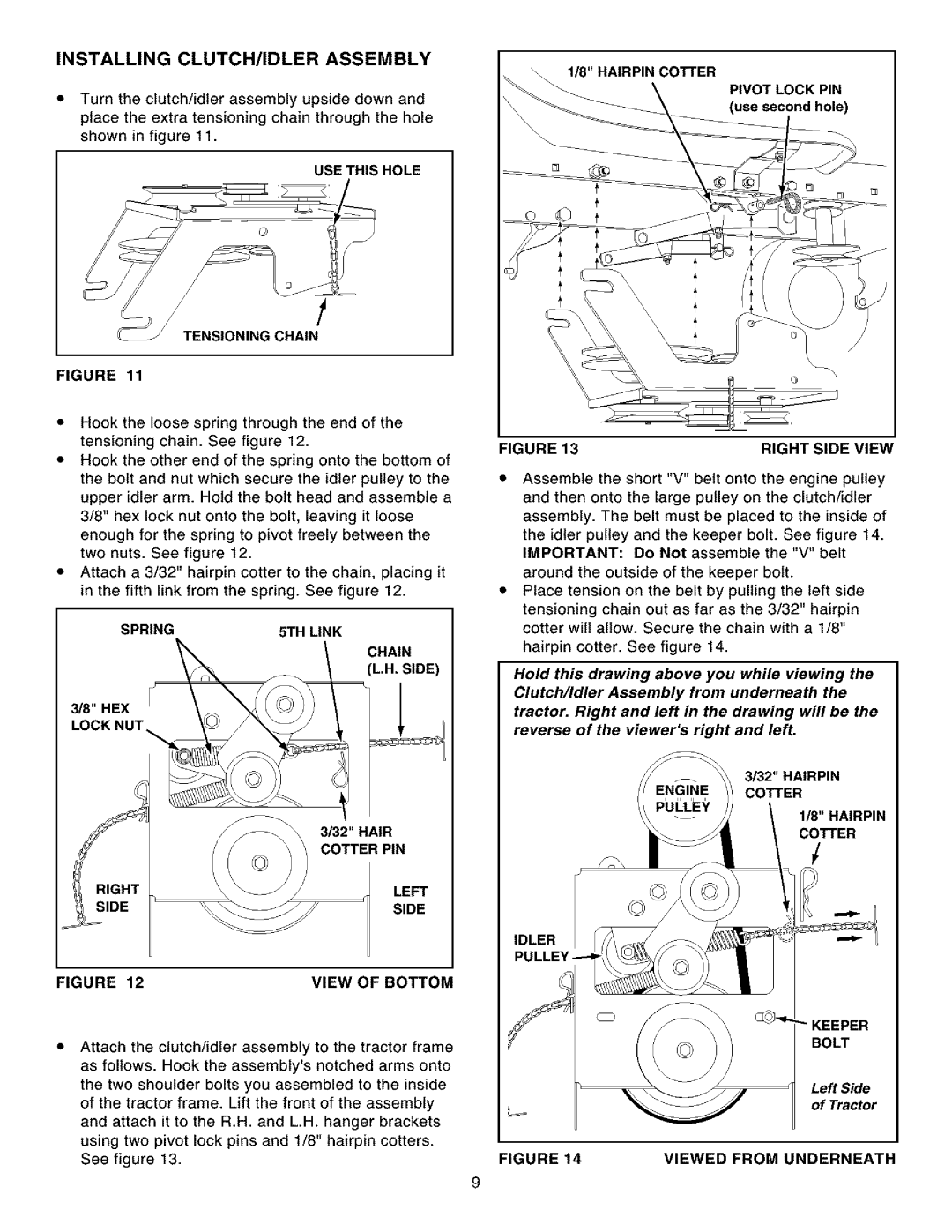 Craftsman 486.248531 owner manual Installing Clutch/Idler Assembly, View Of Bottom, Right Side View, Viewed From Underneath 