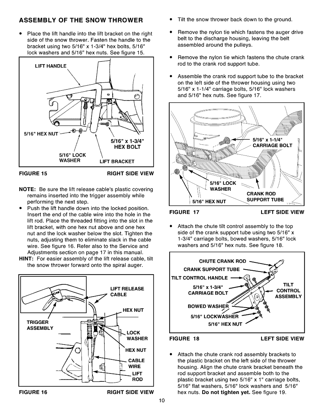 Craftsman 486.248531 Assembly of the Snow Thrower, Lift Handle HEX Bolt, Washer Lift Bracket Right Side View, Crank ROD 