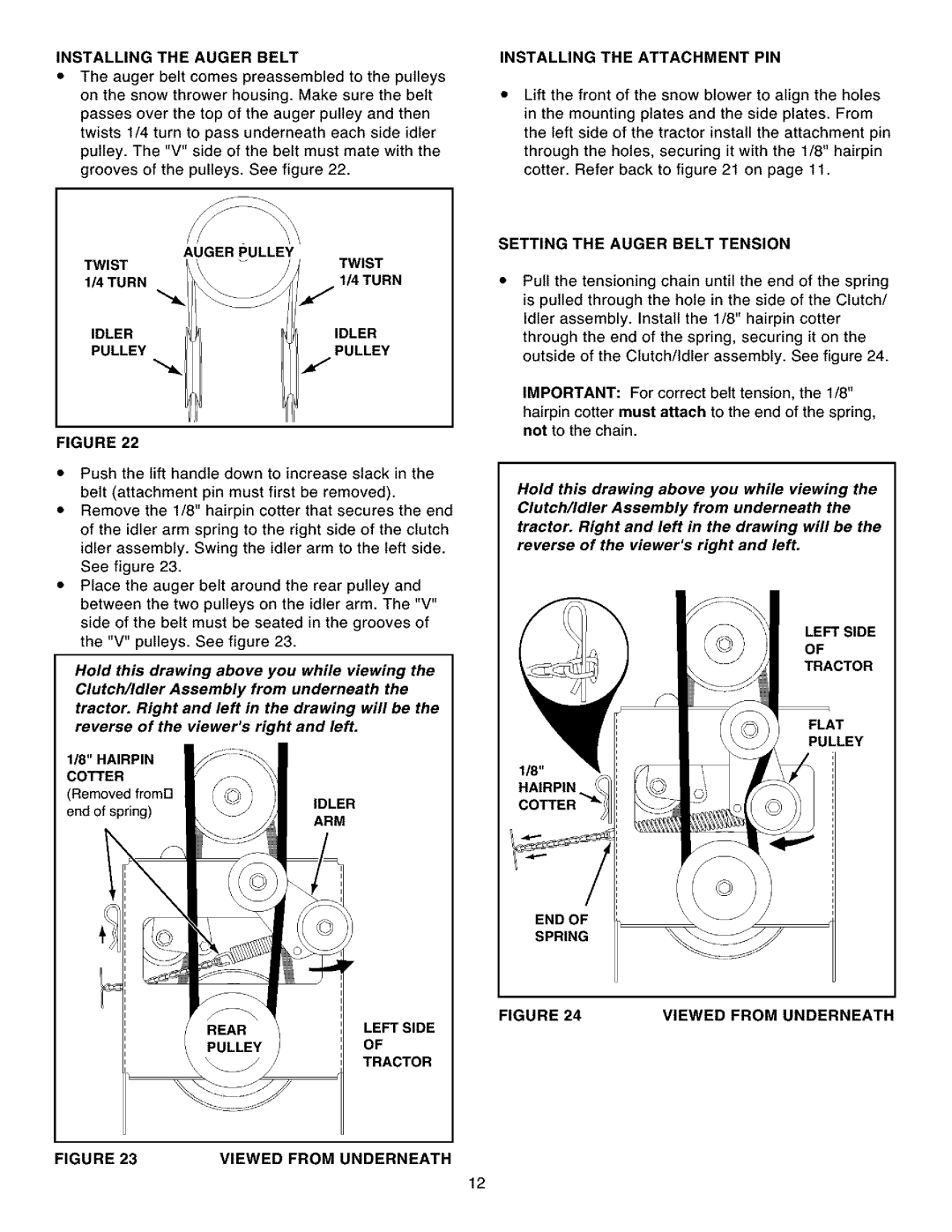 Craftsman 486.248531 owner manual Installingthe Auger Belt, Auger Pulley, Idler, Installing the Attachment PIN 