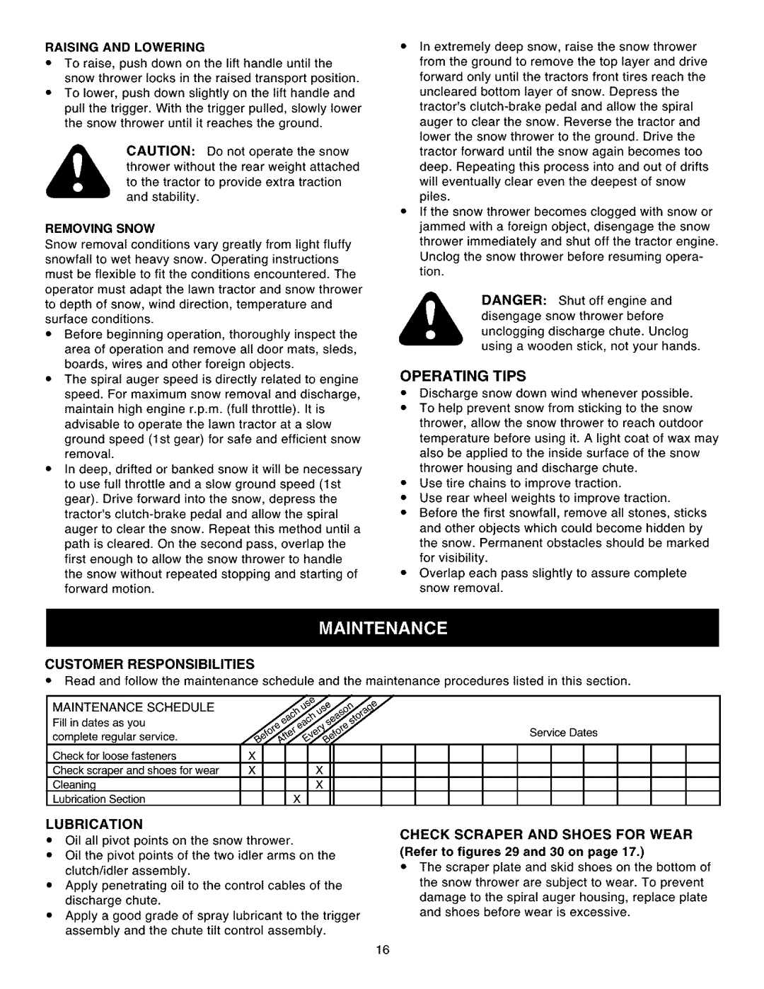 Craftsman 486.248531 Raising and Lowering, Removing Snow, Operating Tips, Customer Responsibilities, Lubrication 