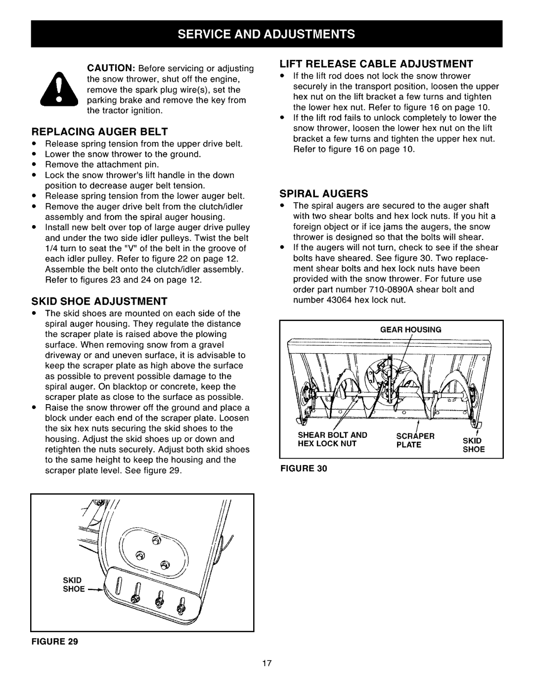 Craftsman 486.248531 owner manual Replacing Auger Belt, Skid Shoe Adjustment, Lift Release Cable Adjustment, Spiral Augers 