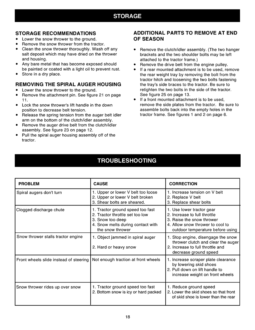 Craftsman 486.248531 owner manual Removing the Spiral Auger Housing, Storage Recommendations, Problem 