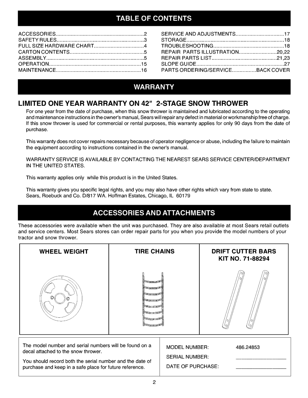 Craftsman 486.248531 Limited ONE Year Warranty on 42 2-STAGE Snow Thrower, Wheel Weight Tire Chains Drift Cutter Bars KIT 