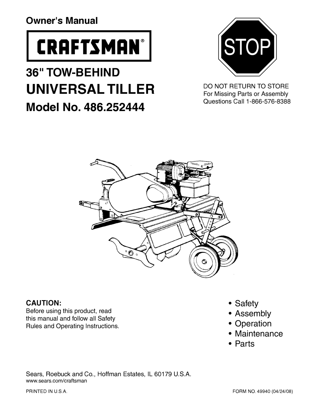 Craftsman 486.252444 owner manual Stop 