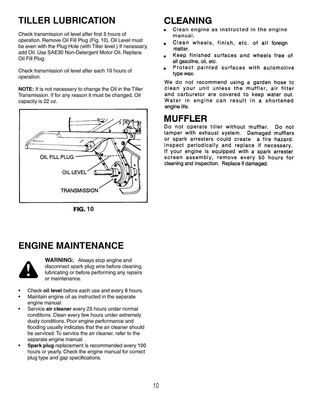 Craftsman 486.252444 owner manual Tiller Lubrication, Engine Maintenance 